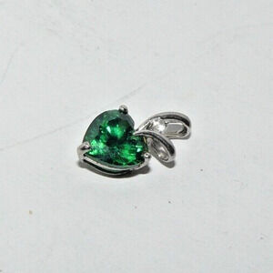 7mm  Emerald Green Heart Pendant w CZ Accent Prong-Set 925 Sterling Silver